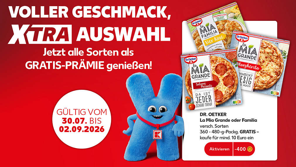 Kaufland Card XTRA; Schriftzug: Voller Geschmack, XTRA Auswahl, Jetzt alle Sorten als Gratis-Prämie genießenᵖ, Gültig vom 30.07. bis 02.09.; Beispielhafter Prämien-Coupon mit verschiedenen Artikeln von Dr. OETKER