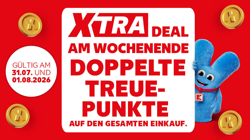 Schriftzug: XTRA DEAL AM WOCHENENDE, DOPPELTE TREUEPUNKTE AUF DEN GESAMTEN EINKAUF, Abbildung: Maskottchen Xara, Treuepunktemünzen