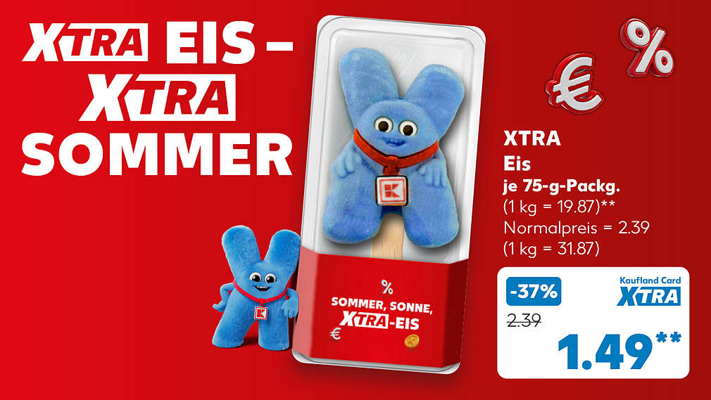 Schriftzug: Xtra Eis – Xtra Sommer; Xtra Eis, je 75-g-Packg. für 1.49 Euro** (1 kg = 19.87); Normalpreis = 2.39 Euro (1 kg = 31.87)