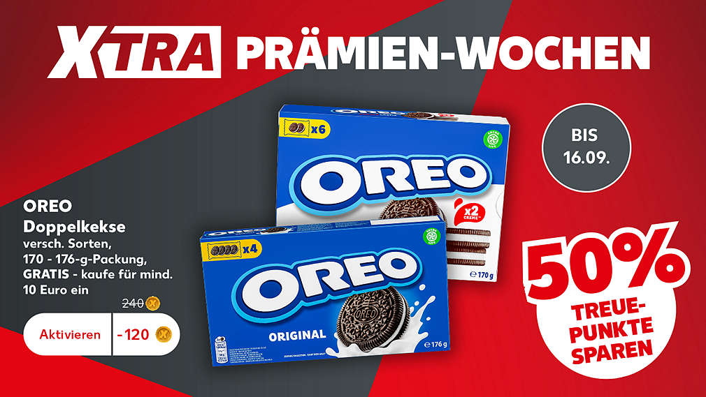 Logo: Kaufland Card XTRA; Schriftzug: Schriftzug: XTRA PRÄMIEN-WOCHEN; Abbildung: Prämie OREO Doppelkekse, versch. Sorten, 170 - 176-g-Packung, GRATIS - kaufe für mind. 10 Euro ein; Störer: BIS 16.09.