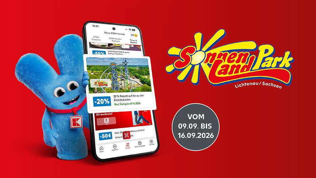 Xara mit Smartphone; Logo SONNENLANDPARK; Störer: Vom 09.09. bis 16.09.2026