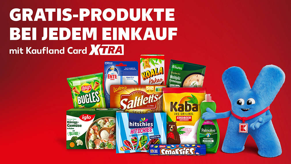Logo: Kaufland Card XTRA; Schriftzug:GRATIS-PRODUKTE BEI JEDEM EINKAUF; Abbildung: Maskottchen zeigt auf verschiedene Gratis-Produkte
