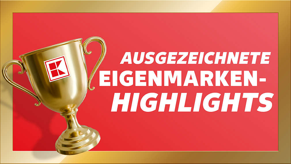 Schriftzug: Ausgezeichnete Eigenmarken-Highlights; Abbildung: Pokal
