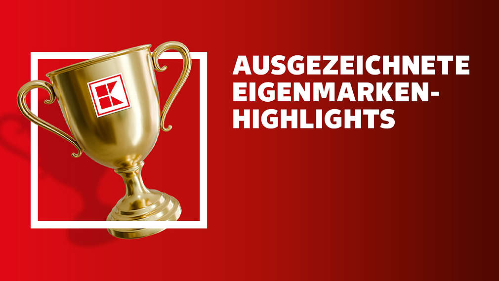 Schriftzug: Ausgezeichnete Eigenmarken-Highlights; Abbildung: Pokal
