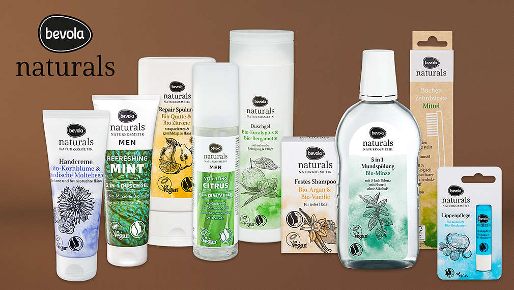 Verschiedene BEVOLA® NATURALS-Produkte; Logo: BEVOLA® NATURALS