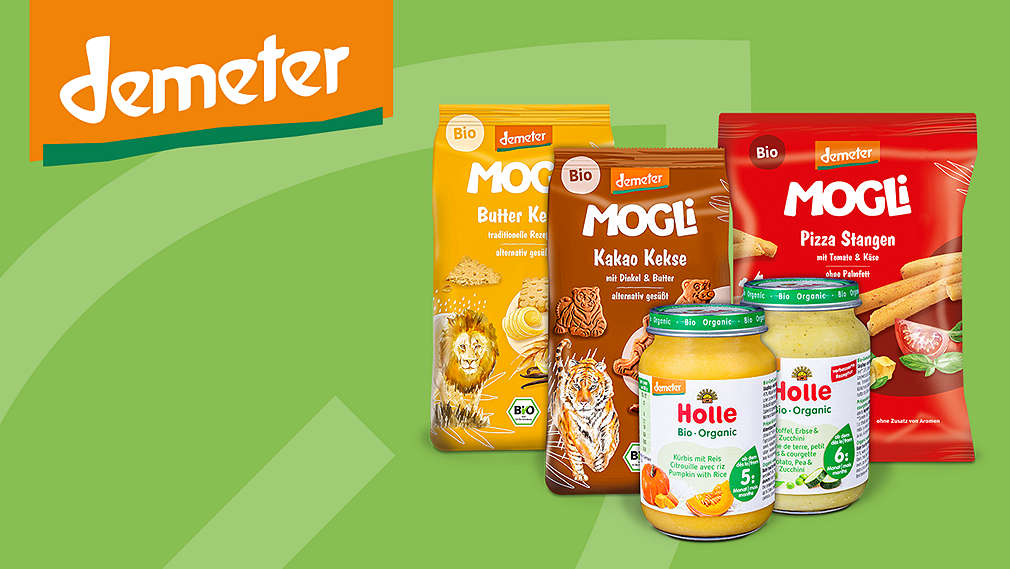 Verschiedene Produkte von HOLLE und MOGLI; Logo: Demeter