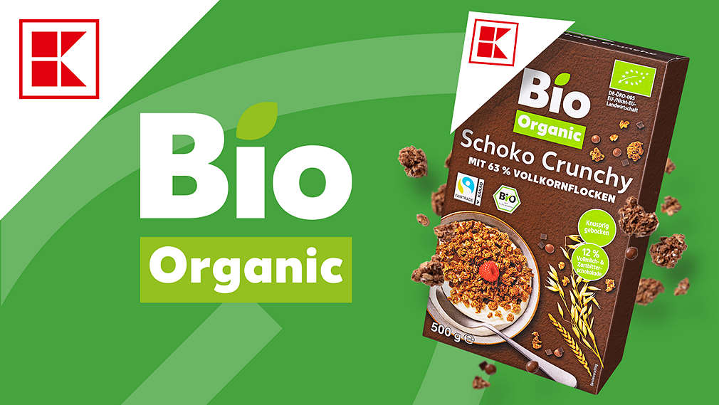 Logo: K-BIO ORGANIC; weiße Ecke; Produktabbildung K-BIO ORGANIC Schoko Crunchy