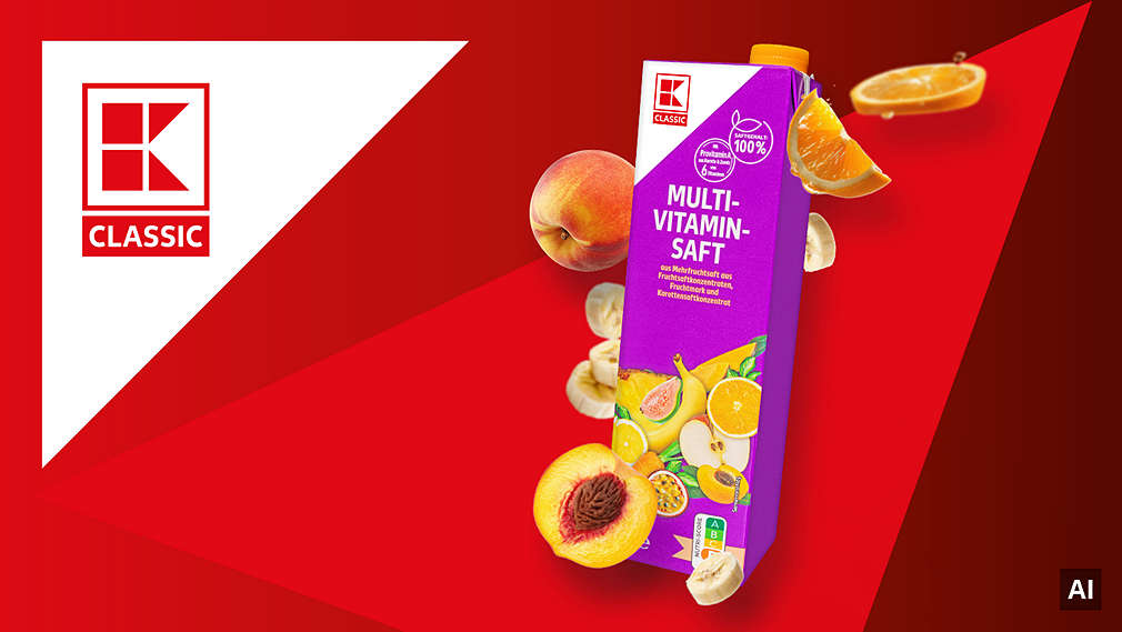 Logo: K-CLASSIC; weiße Ecke. Abbildung: K-CLASSIC Multivitaminsaft; AI-generiert