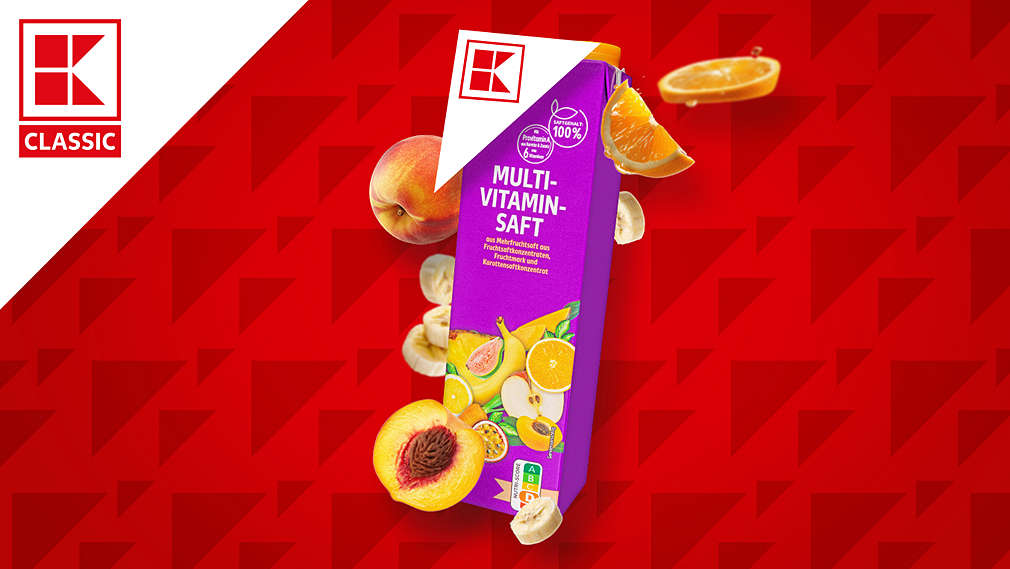 Logo: K-CLASSIC; weiße Ecke. Abbildung: K-CLASSIC Multivitaminsaft