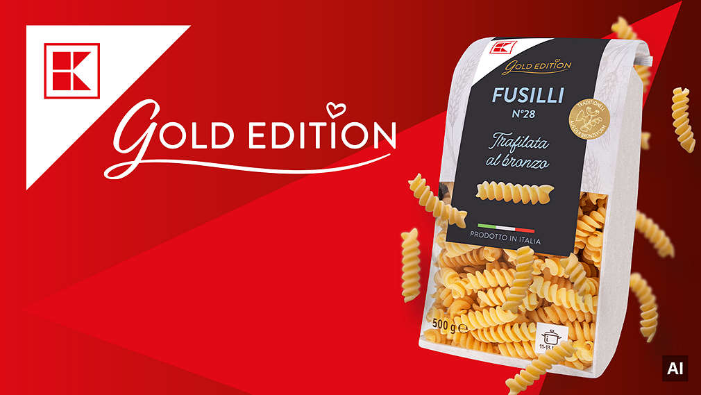 Logo und Schriftzug K-GOLD EDITION; weiße Ecke; Produktabbildung: Fusilli von K-GOLD EDITION; AI-generiert