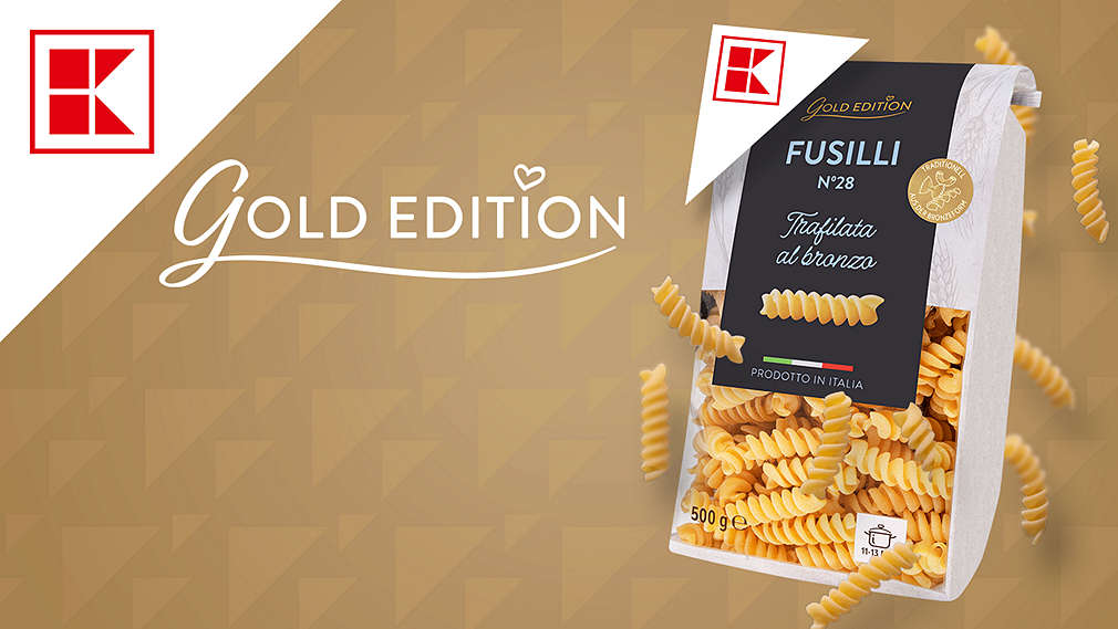 Logo und Schriftzug K-GOLD EDITION; weiße Ecke; Produktabbildung: Fusilli von K-GOLD EDITION
