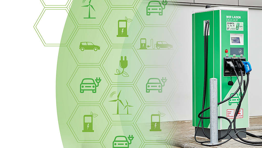 Zelená dobíjecí stanice pro elektromobily a zelené ikony