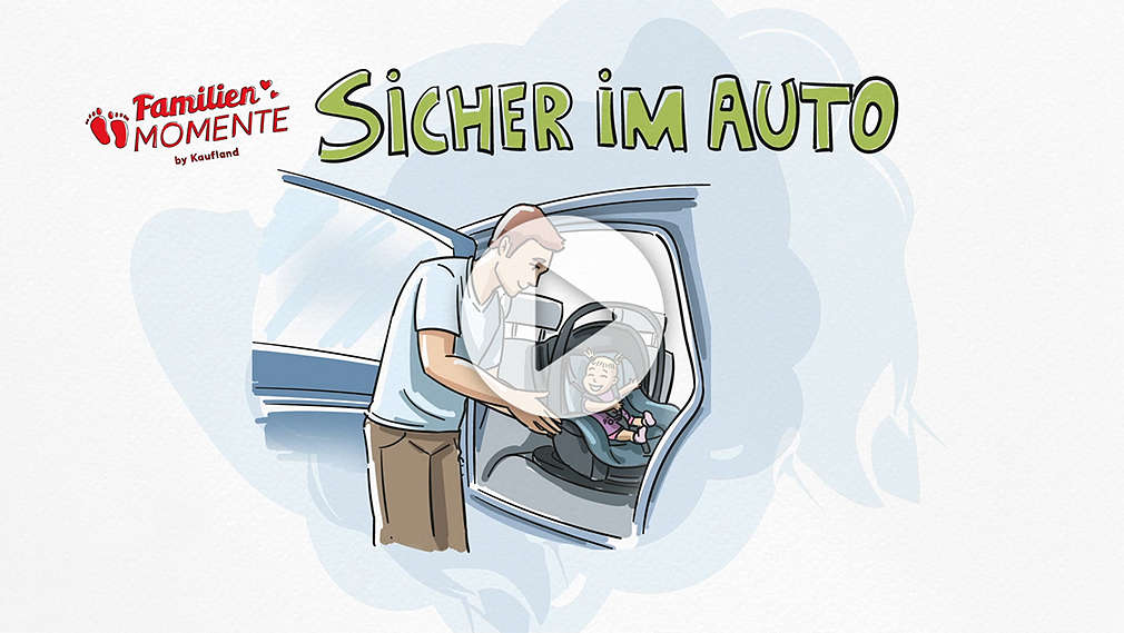 Illustration von einem Vater mit Baby in der Babyschale; Schriftzug „Sicher im Auto”