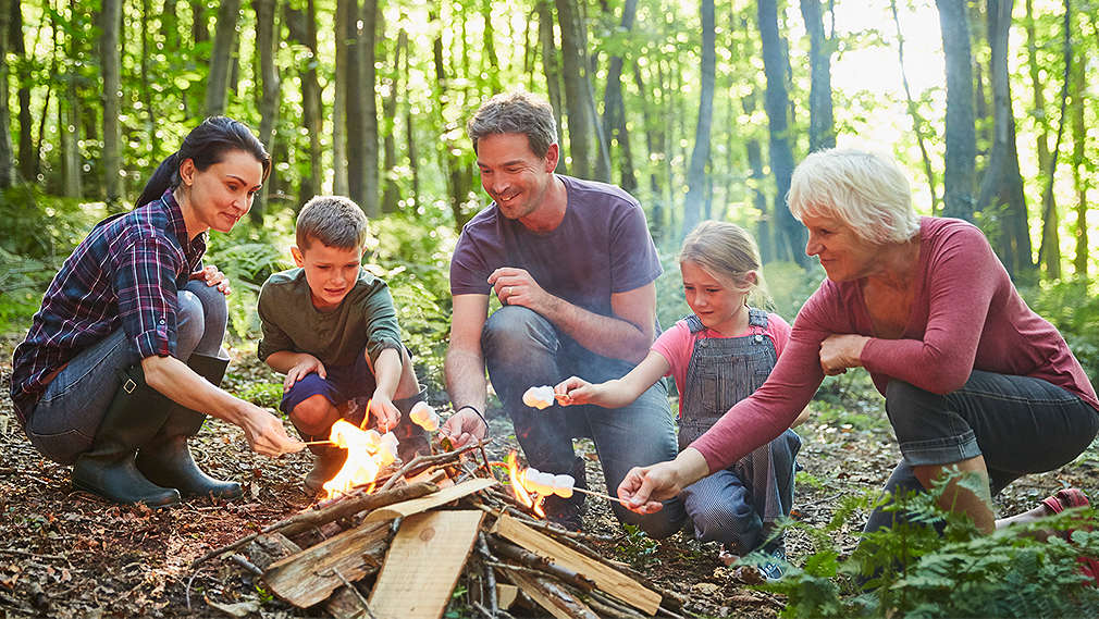 Familie am Lagerfeuer im Wald 