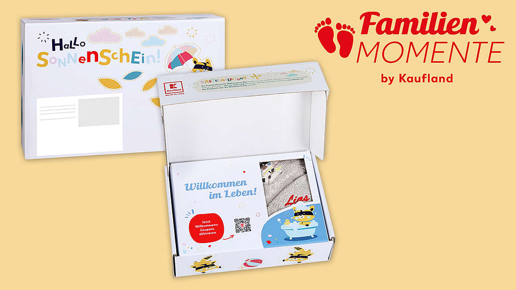 Logo: FamilienMomente, Überraschungsbox und Waschbär Kuniboo