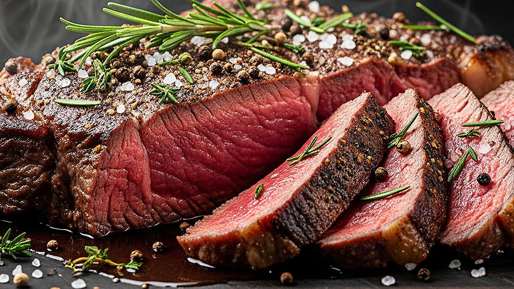 Gebratenes Fleisch mit Kräutern und Gewürzen garniert