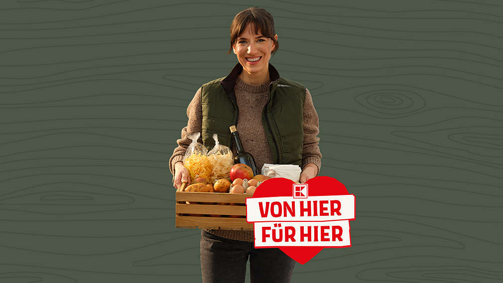 Abbildung: Frau mit regionalen Artikeln; Regio-Herz; Schriftzug: Kaufland von hier für hier