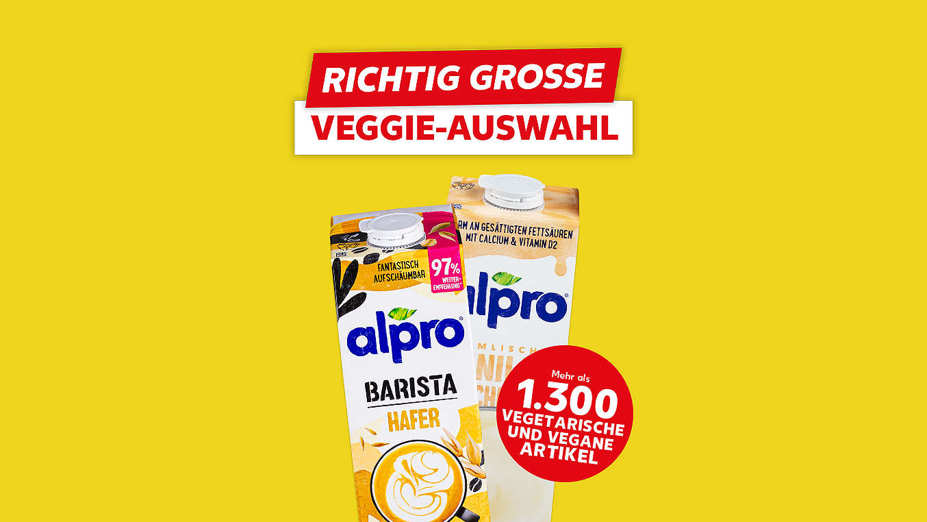 Schriftzug: Richtig große Veggie-Auswahl, Abbildung: ALPRO Pflanzendrink, Störer: Mehr als 1.300 vegetarische und vegane Artikel