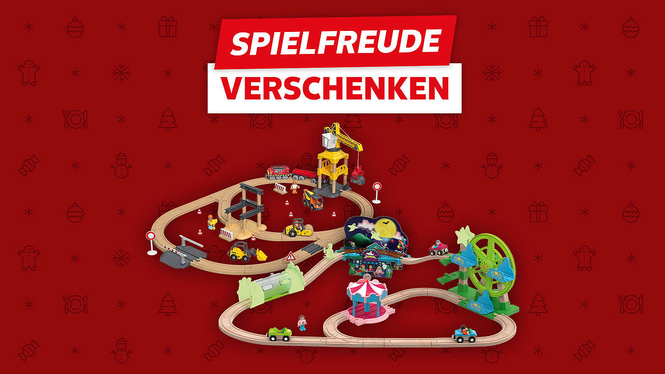 Schriftzug: Spielfreude verschenken; Abbildung: KIDLAND® Eisenbahn-Set