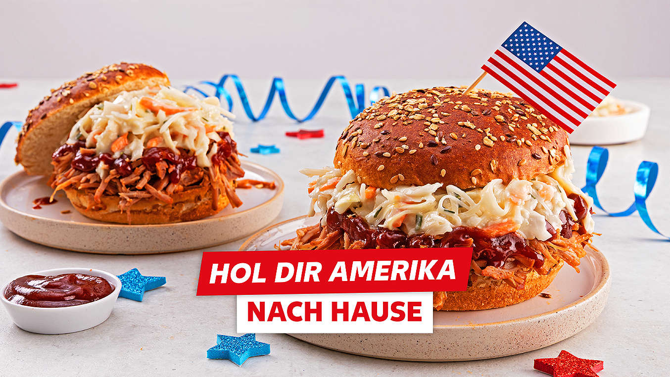 Schriftzug: Hol dir Amerika nach Hause; Abbildung: Burger