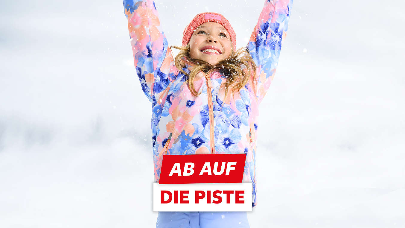 Schriftzug: Ab auf die Piste; Abbildung: Mädchen in NEWCENTIAL® Ski-Bekleidung