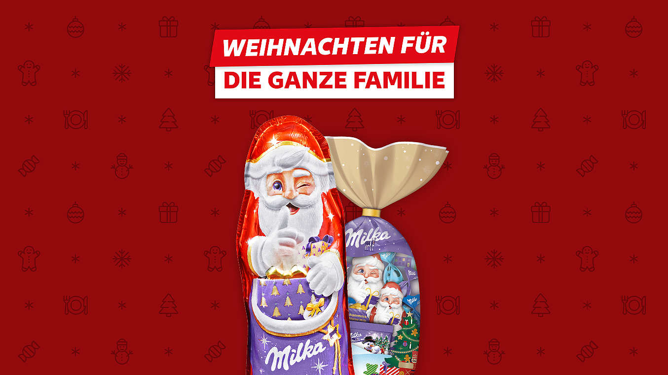 Schriftzug: Weihnachten für die ganze Familie; Abbildung: MILKA Weihnachtsmann; MILKA Weihnachtsmischung