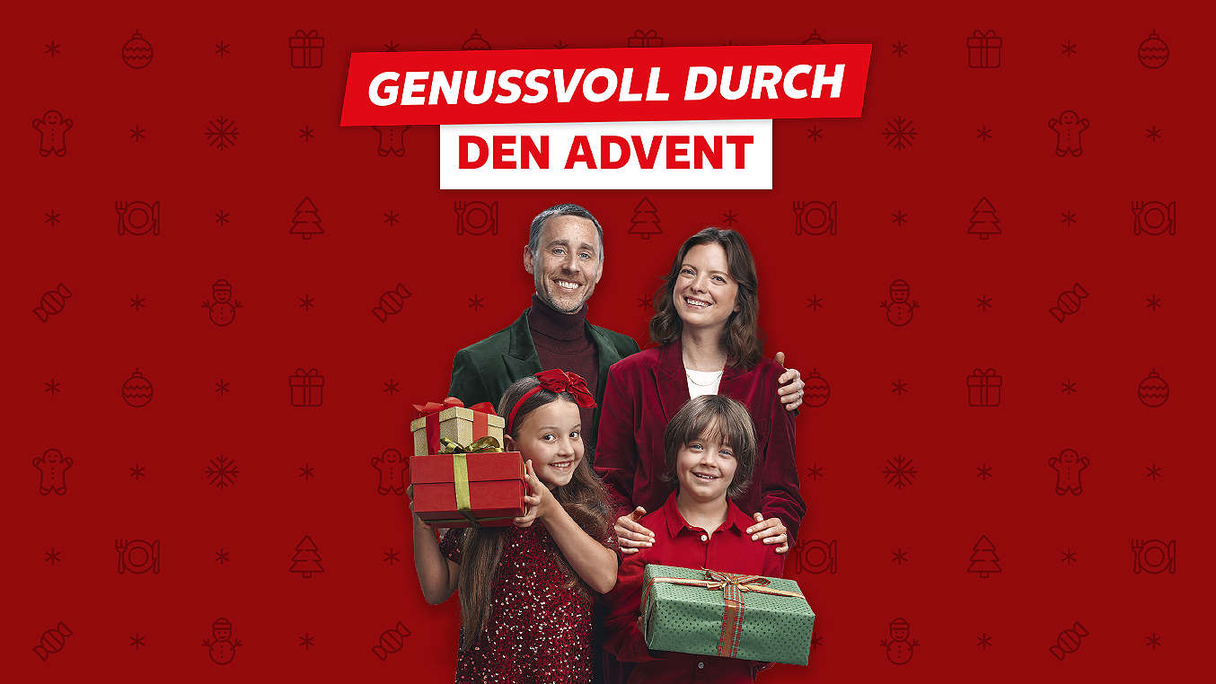 Schriftzug: Genussvoll durch den Advent; Abbildung: Familie mit Geschenken
