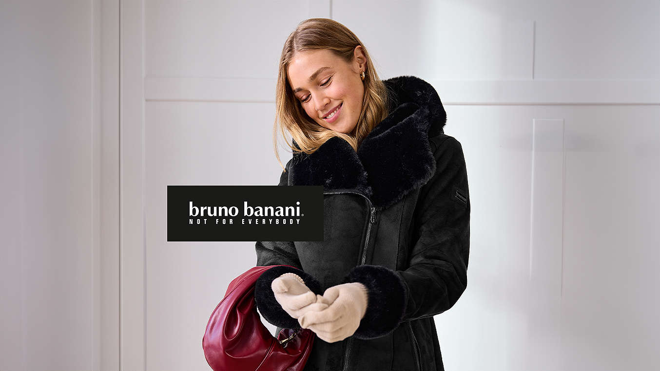 Logo: BRUNO BANANI; Frau in Damen-Lederjacke