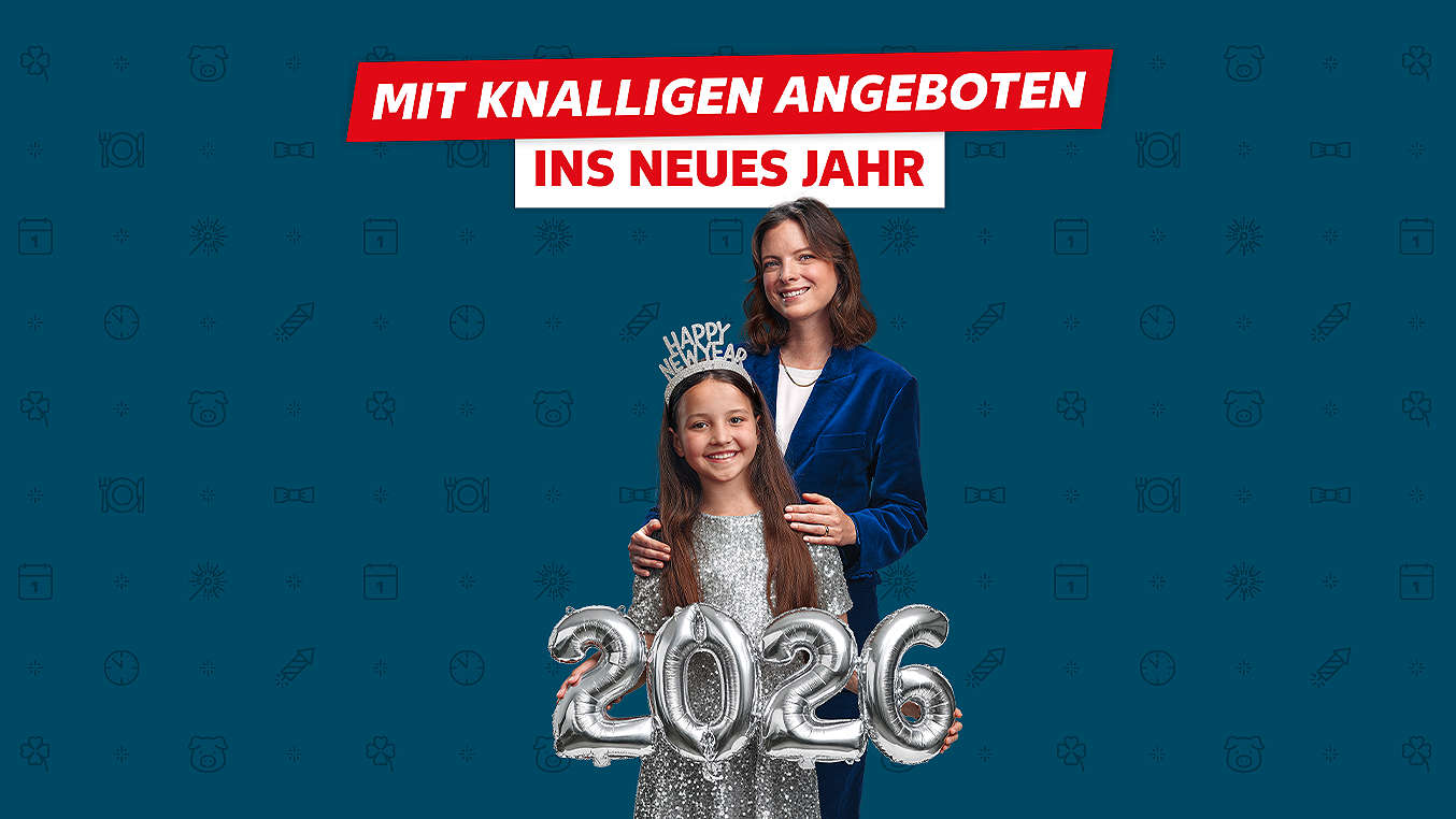 Schriftzug: Mit knalligen Angeboten ins neue Jahr