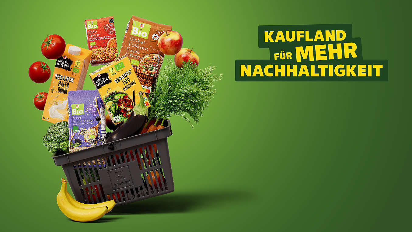 Logo: Kaufland für mehr Nachhaltigkeit; Einkaufskorb mit Bio- und veganen Produkten
