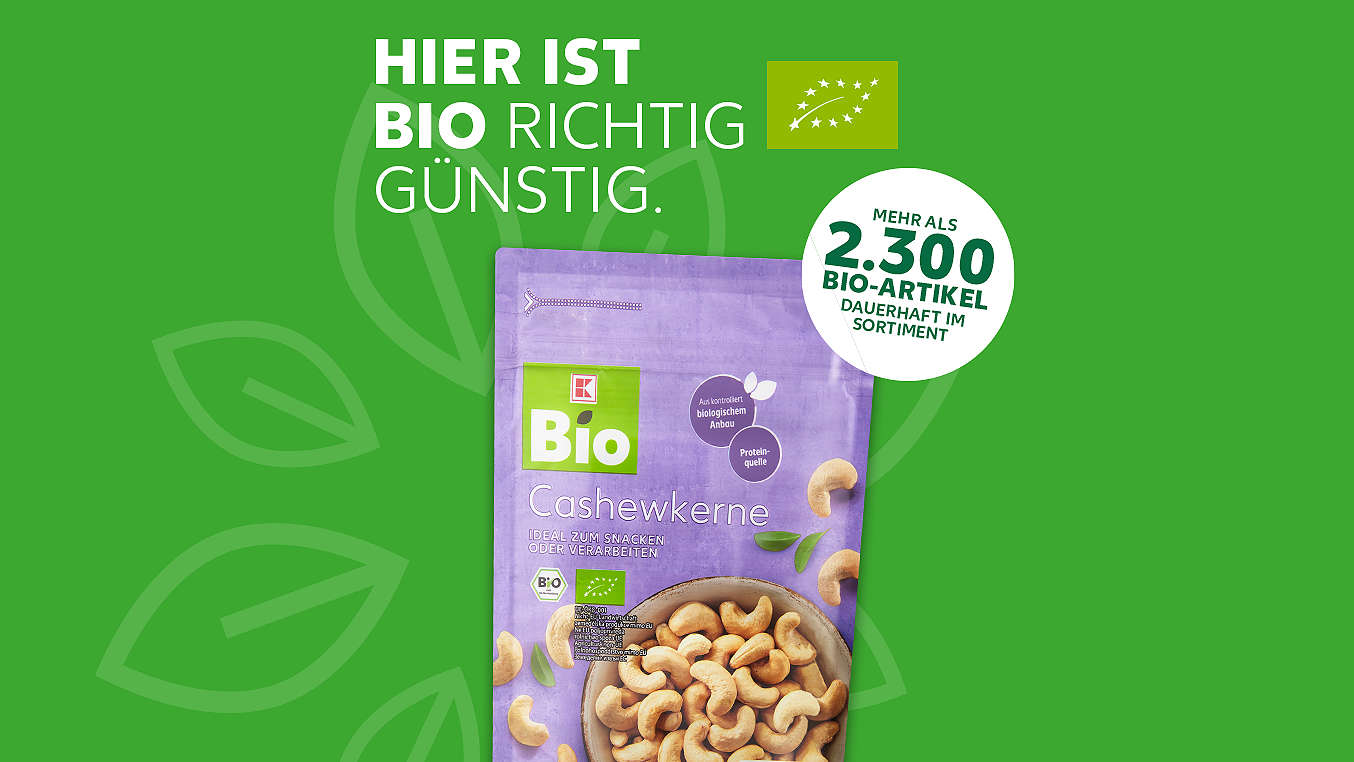Schriftzug: Hier ist bio richtig günstig.; Abbildung: K-BIO Cashewkerne