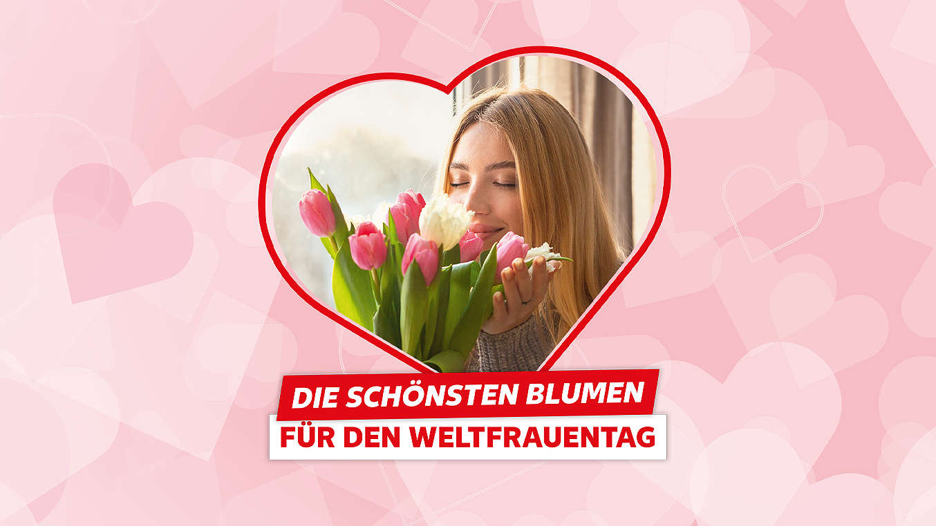 Schriftzug: Die schönsten Blumen für den Weltfrauentag; Abbildung: Frau, die an einem Tulpenstrauß riecht
