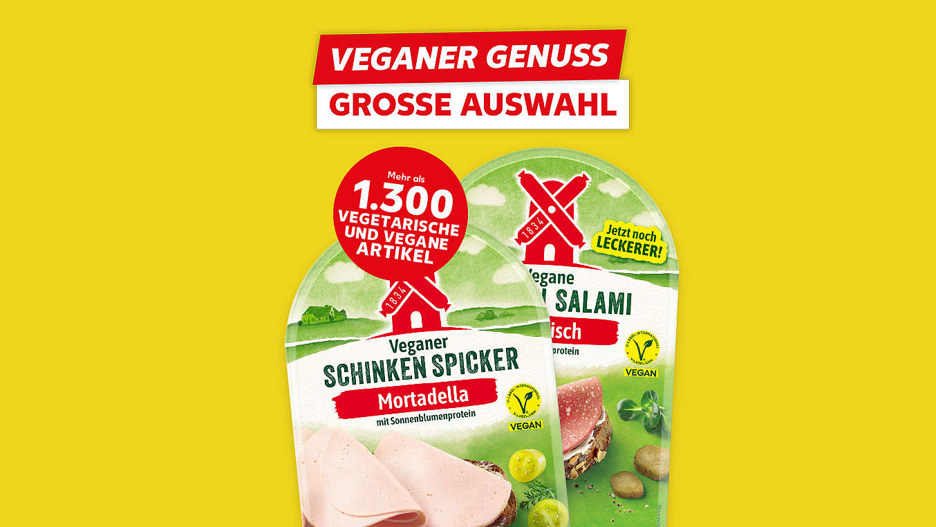 Schriftzug: Richtig große Veggie-Auswahl; Abbildung: RÜGENWALDER MÜHLE Vegane Wurstalternative; Störer: Mehr als 1.300 vegetarische und vegane Artikel