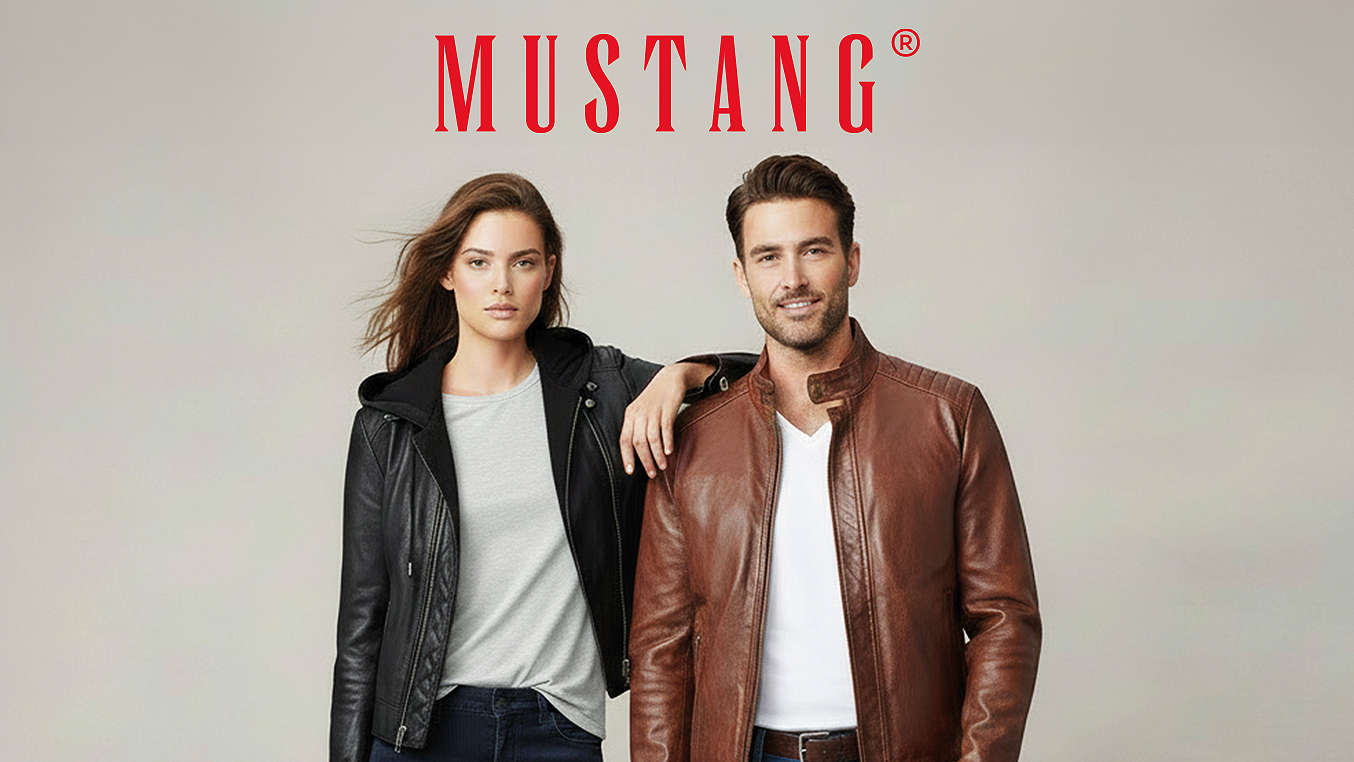 Logo: MUSTANG; Abbildung: Frau und Mann in Bekleidung von MUSTANG
