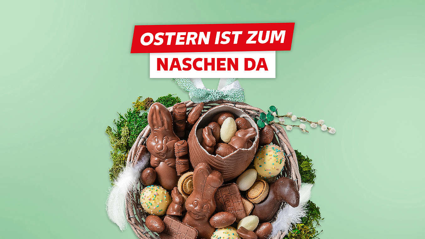 Schriftzug: Ostern ist zum Naschen da; Abbildung: Osternest mit Ostersüßwaren