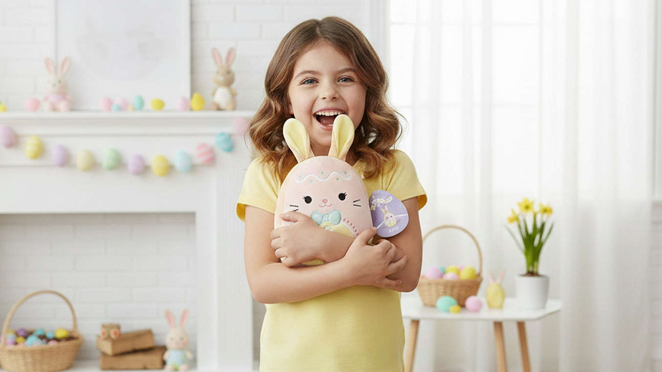 Schriftzug: Kind mit SQUISHMALLOWS Plüschfigur »Ostern«