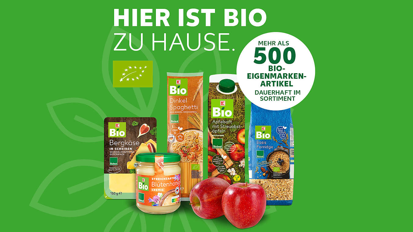 Schriftzug: Hier ist Bio zuhause.; Abbildung: Beispielhafte Produkte