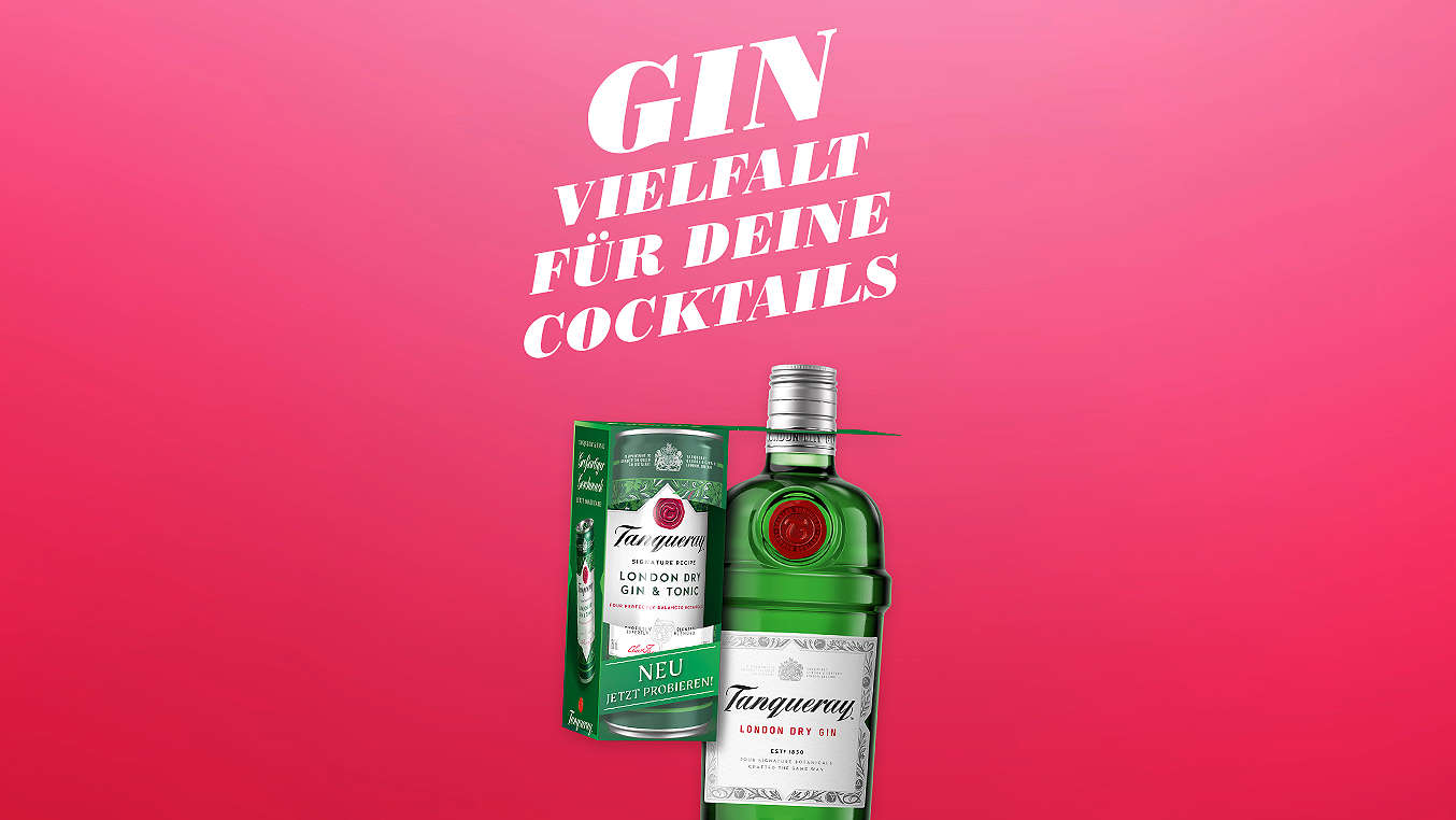 Schriftzug: Gin-Vielfalt für deine Cocktails; Abbildung: TANQUERAY London Dry Gin