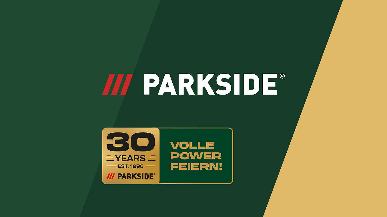 Logo: PARKSIDE; Logo: 30 years - est. 1996. Volle Power feiern!