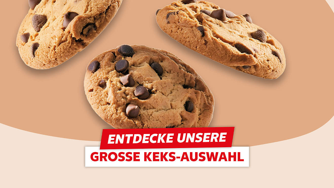 Schriftzug: Entdecke unsere große Keks-Auswahl