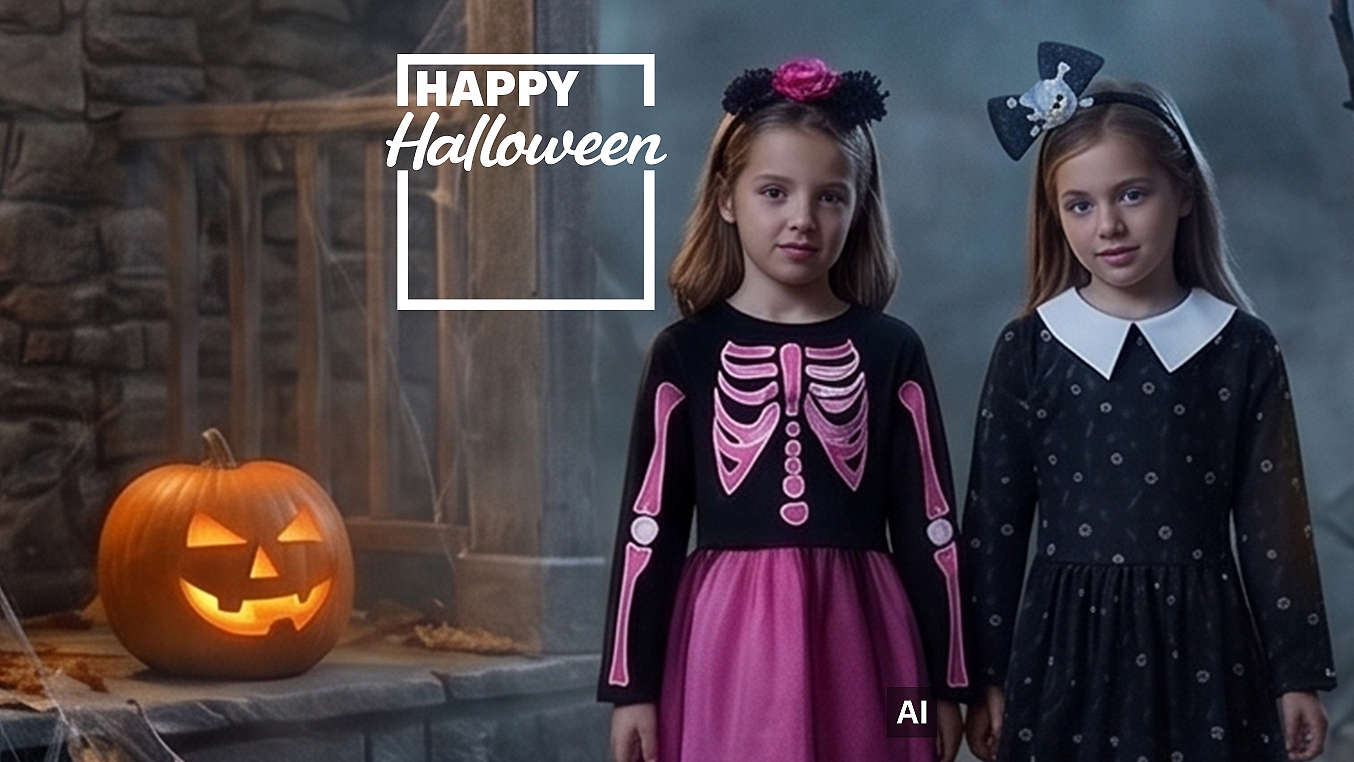 Schriftzug: Happy Halloween; Abbildung: 2 Mädchen in Kostümen