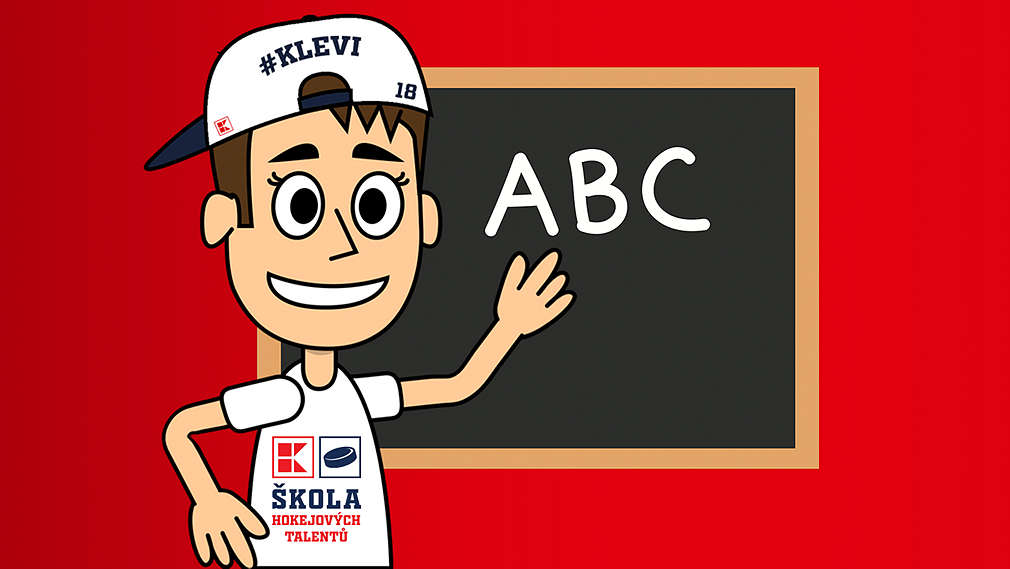 Kreslený panáček ukazuje na školní tabuli s nápisem ABC