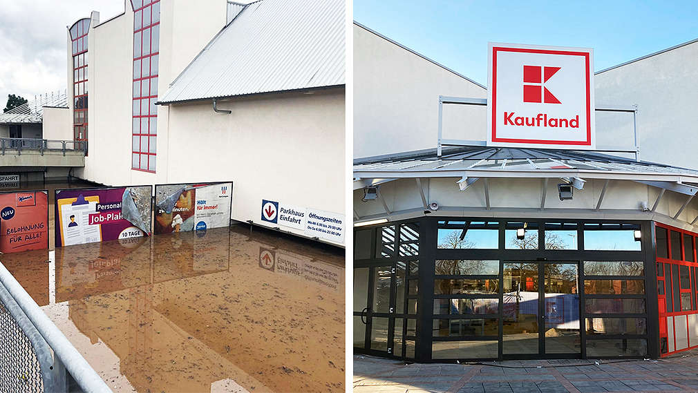 Ansicht Kaufland Erftstadt; links: Hochwasser, rechts: renovierte Filiale