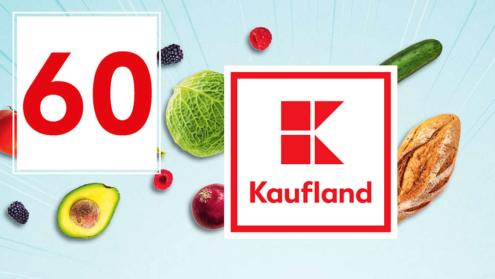 Unsere Zahl des Tages: 60; Logo: Kaufland; Hintergrund: Obst, Gemüse, Backwaren