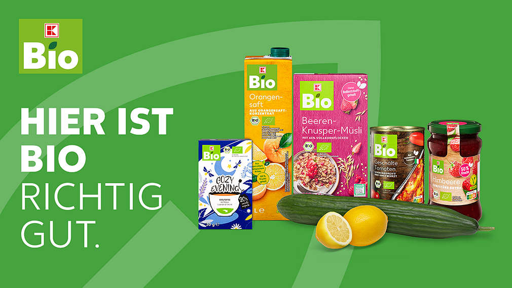Logo: K-BIO; Schriftzug: Hier ist Bio richtig gut.