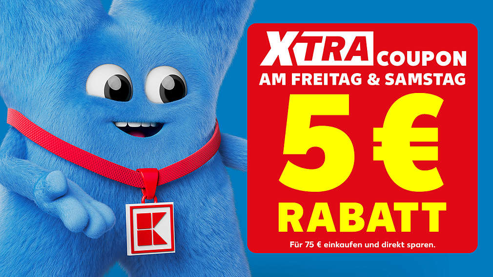 Schriftzug und Logo: XTRA Coupon am Freitag & Samstag, 5 € Rabatt, Für 75 € einkaufen und direkt sparen.