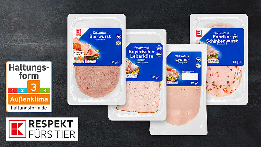 Produktabbildung verschiedener Sorten K-CLASSIC Aufschnitt; Siegel: Haltungsform 3; Logo: K-Respekt fürs Tier