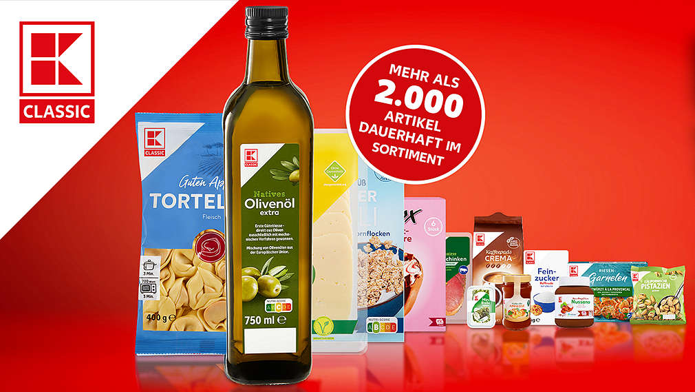 Auswahl verschiedener Artikel von K-CLASSIC; Schriftzug: Mehr für wenig! Die größte K-Classic-Auswahl zum Discountpreis.