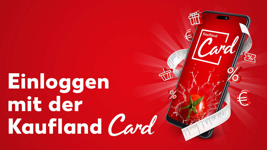 Abbildung: Kaufland Card und Icons „fliegen” aus Smartphone-Display; Schriftzug: Anmelden mit der Kaufland Card