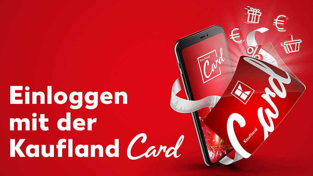 Abbildung: Kaufland Card und Icons „fliegen” aus Smartphone-Display; Schriftzug: Anmelden mit der Kaufland Card